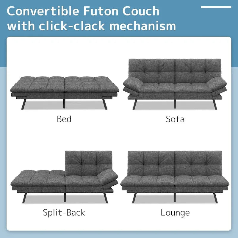 Canapé convertible futon gris/noir, 2 places