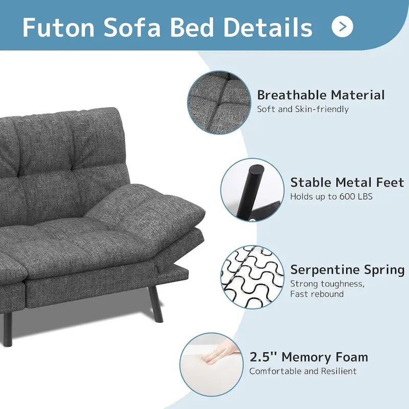 Canapé convertible futon gris/noir, 2 places