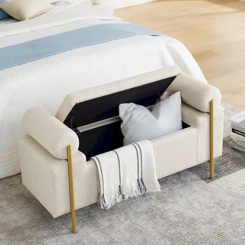Banc de rangement en velours avec pieds en métal doré, Beige / Vert / Blanc, Siège individuel