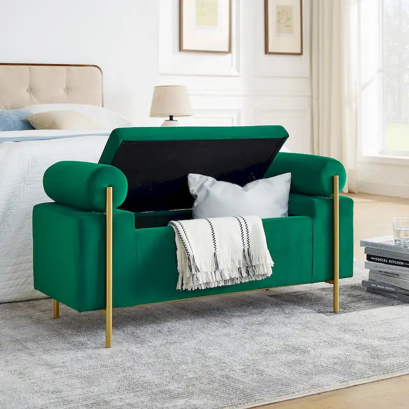 Banc de rangement en velours avec pieds en métal doré, Beige / Vert / Blanc, Siège individuel