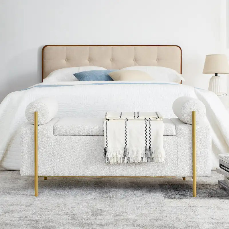 Banc de rangement en velours avec pieds en métal doré, Beige / Vert / Blanc, Siège individuel