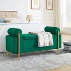 Banc de rangement en velours avec pieds en métal doré, Beige / Vert / Blanc, Siège individuel