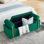 Banc de rangement en velours avec pieds en métal doré, Beige / Vert / Blanc, Siège individuel
