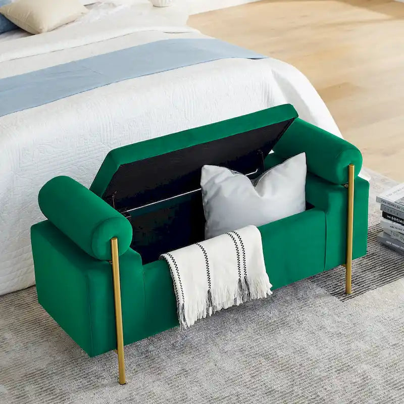 Banc de rangement en velours avec pieds en métal doré, Beige / Vert / Blanc, Siège individuel