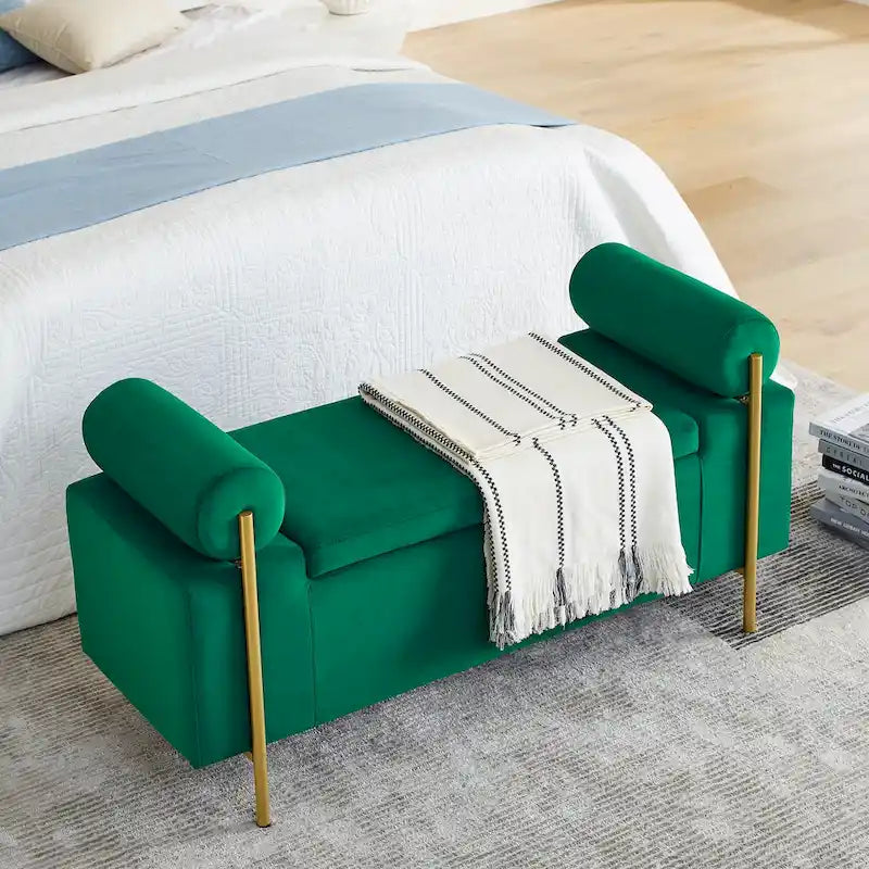 Banc de rangement en velours avec pieds en métal doré, Beige / Vert / Blanc, Siège individuel