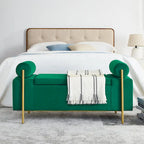 Banc de rangement en velours avec pieds en métal doré, Beige / Vert / Blanc, Siège individuel
