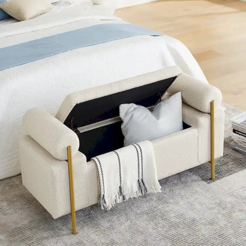 Banc de rangement en velours avec pieds en métal doré, Beige / Vert / Blanc, Siège individuel