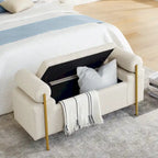 Banc de rangement en velours avec pieds en métal doré, Beige / Vert / Blanc, Siège individuel