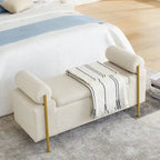 Banc de rangement en velours avec pieds en métal doré, Beige / Vert / Blanc, Siège individuel