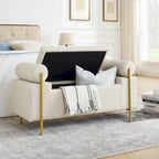 Banc de rangement en velours avec pieds en métal doré, Beige / Vert / Blanc, Siège individuel