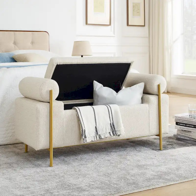 Banc de rangement en velours avec pieds en métal doré, Beige / Vert / Blanc, Siège individuel