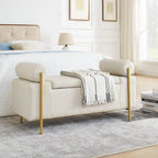 Banc de rangement en velours avec pieds en métal doré, Beige / Vert / Blanc, Siège individuel
