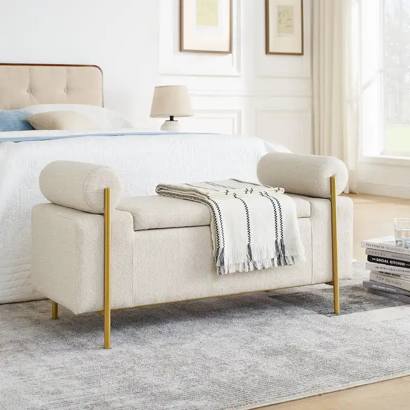 Banc de rangement en velours avec pieds en métal doré, Beige / Vert / Blanc, Siège individuel