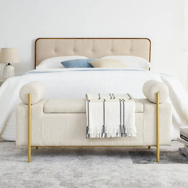 Banc de rangement en velours avec pieds en métal doré, Beige / Vert / Blanc, Siège individuel
