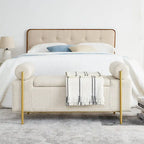 Banc de rangement en velours avec pieds en métal doré, Beige / Vert / Blanc, Siège individuel