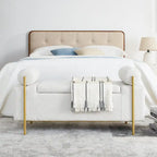 Banc de rangement en velours avec pieds en métal doré, Beige / Vert / Blanc, Siège individuel