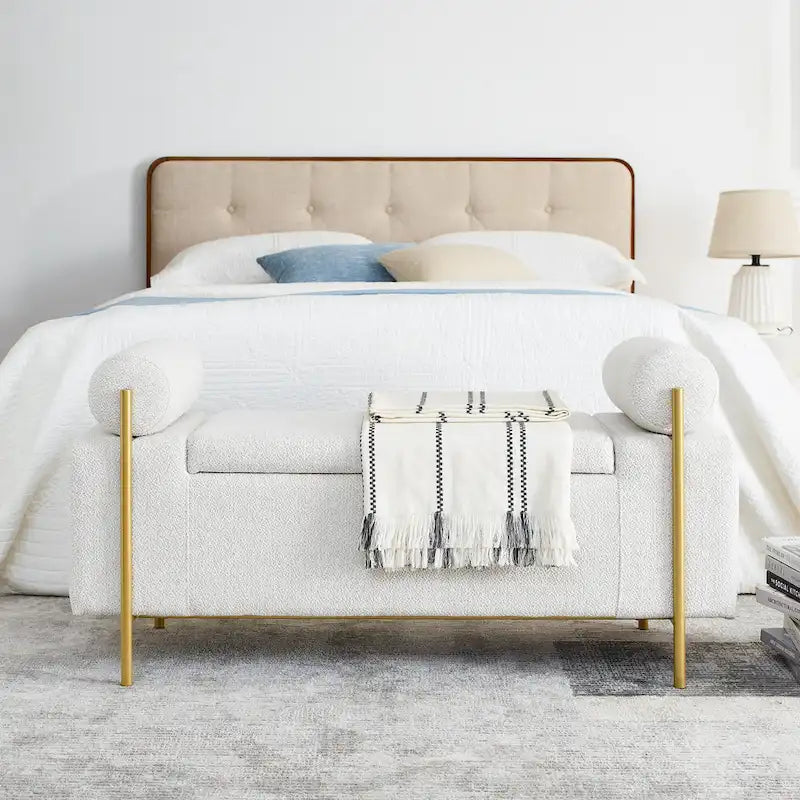 Banc de rangement en velours avec pieds en métal doré, Beige / Vert / Blanc, Siège individuel