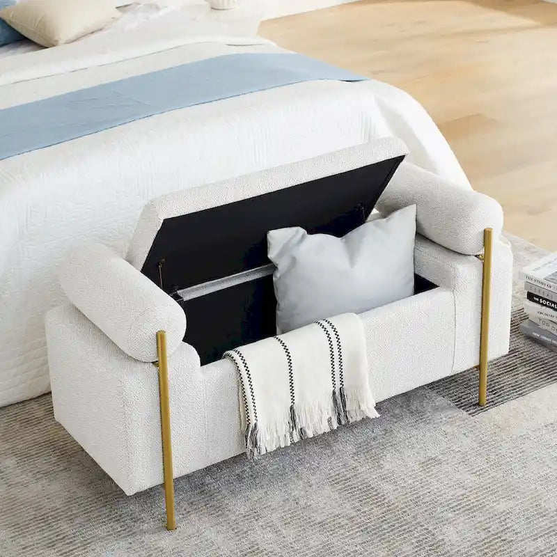 Banc de rangement en velours avec pieds en métal doré, Beige / Vert / Blanc, Siège individuel