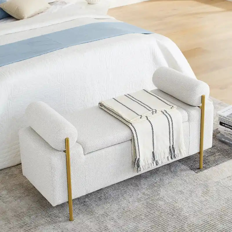 Banc de rangement en velours avec pieds en métal doré, Beige / Vert / Blanc, Siège individuel