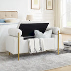 Banc de rangement en velours avec pieds en métal doré, Beige / Vert / Blanc, Siège individuel