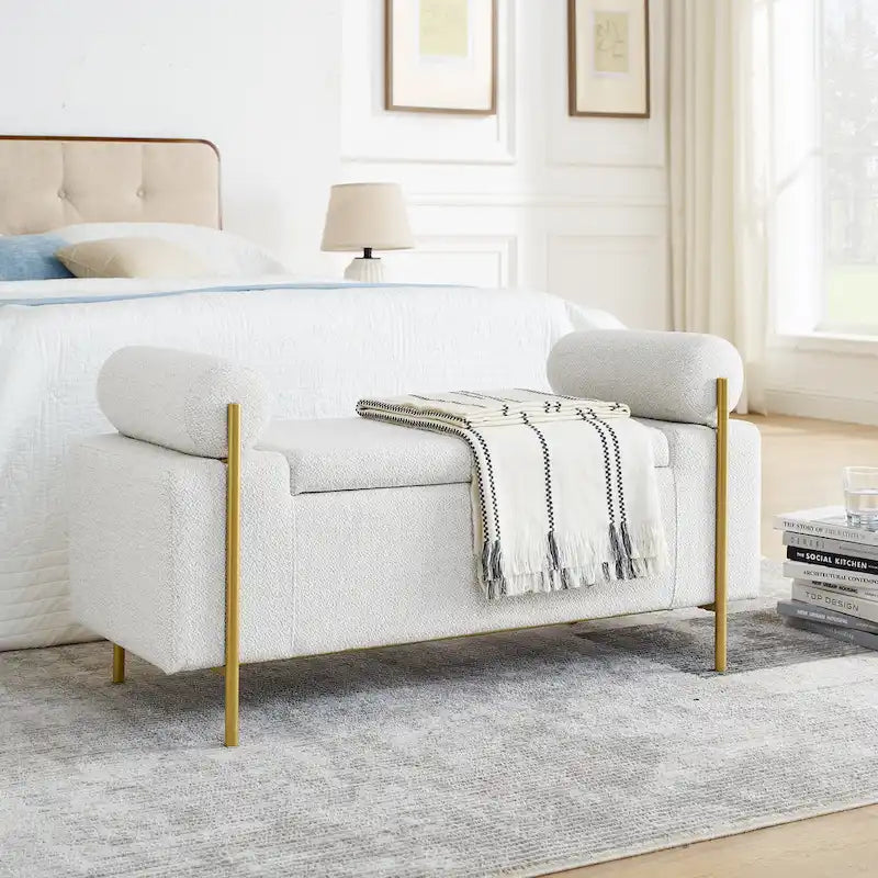 Banc de rangement en velours avec pieds en métal doré, Beige / Vert / Blanc, Siège individuel