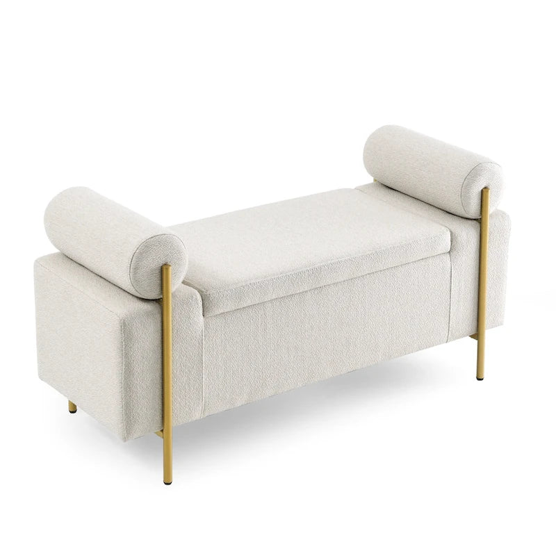 Banc de rangement en velours avec pieds en métal doré, Beige / Vert / Blanc, Siège individuel