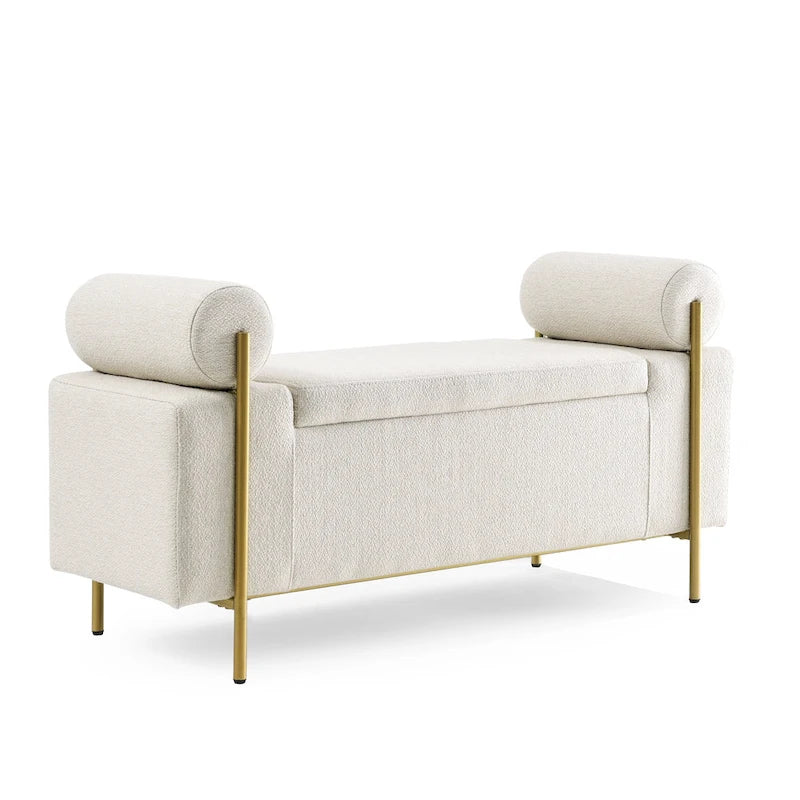 Banc de rangement en velours avec pieds en métal doré, Beige / Vert / Blanc, Siège individuel
