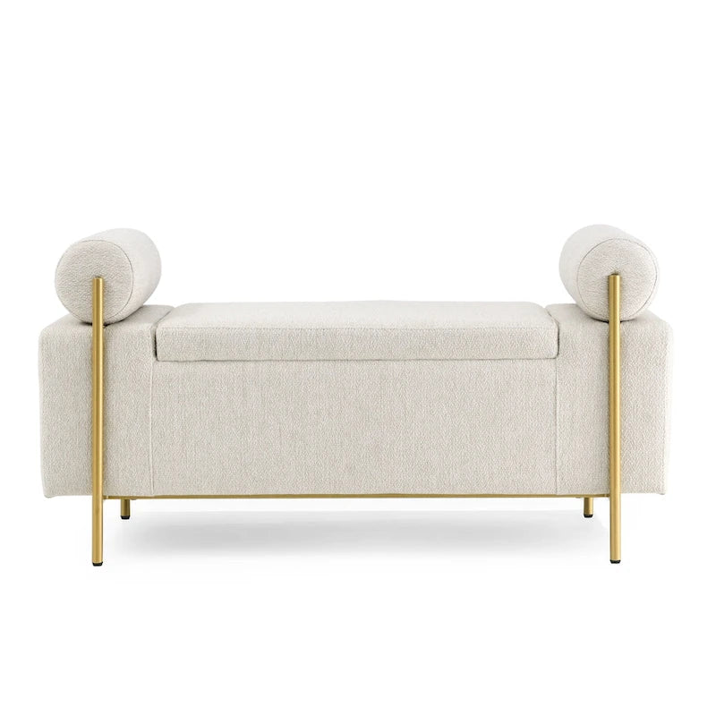 Banc de rangement en velours avec pieds en métal doré, Beige / Vert / Blanc, Siège individuel