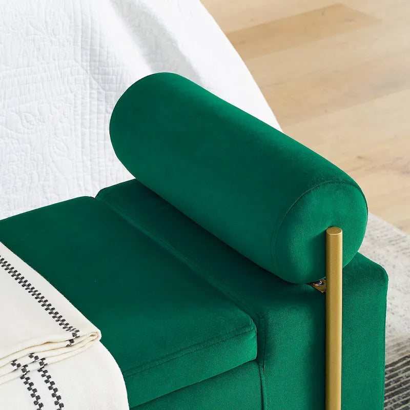 Banc de rangement en velours avec pieds en métal doré, Beige / Vert / Blanc, Siège individuel