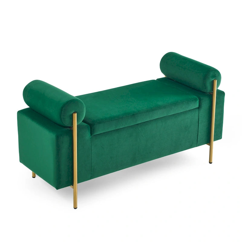 Banc de rangement en velours avec pieds en métal doré, Beige / Vert / Blanc, Siège individuel