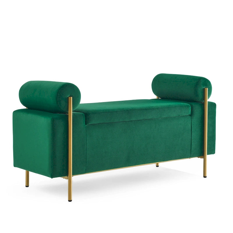 Banc de rangement en velours avec pieds en métal doré, Beige / Vert / Blanc, Siège individuel