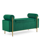 Banc de rangement en velours avec pieds en métal doré, Beige / Vert / Blanc, Siège individuel