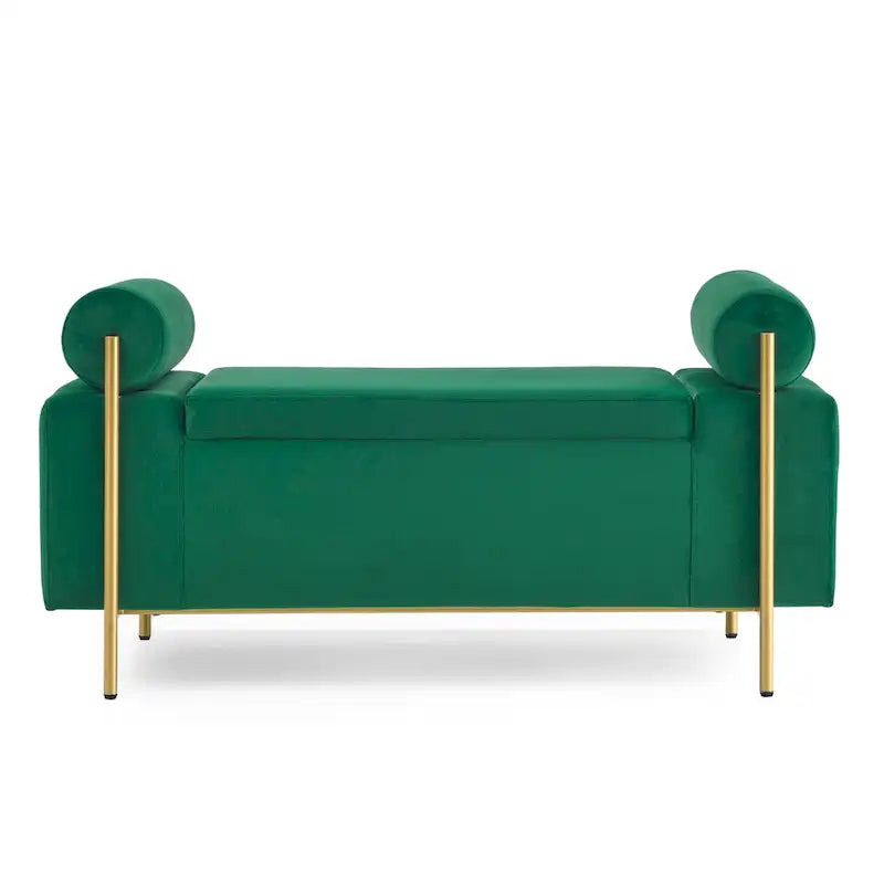 Banc de rangement en velours avec pieds en métal doré, Beige / Vert / Blanc, Siège individuel