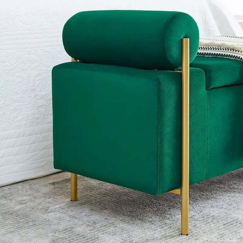 Banc de rangement en velours avec pieds en métal doré, Beige / Vert / Blanc, Siège individuel