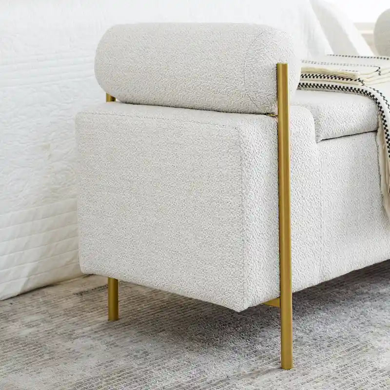 Banc de rangement en velours avec pieds en métal doré, Beige / Vert / Blanc, Siège individuel