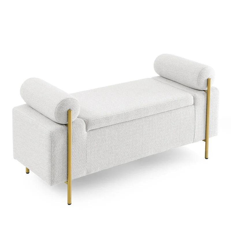 Banc de rangement en velours avec pieds en métal doré, Beige / Vert / Blanc, Siège individuel