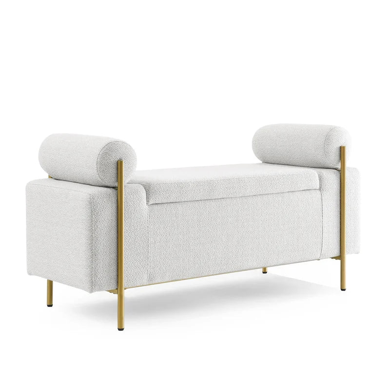 Banc de rangement en velours avec pieds en métal doré, Beige / Vert / Blanc, Siège individuel