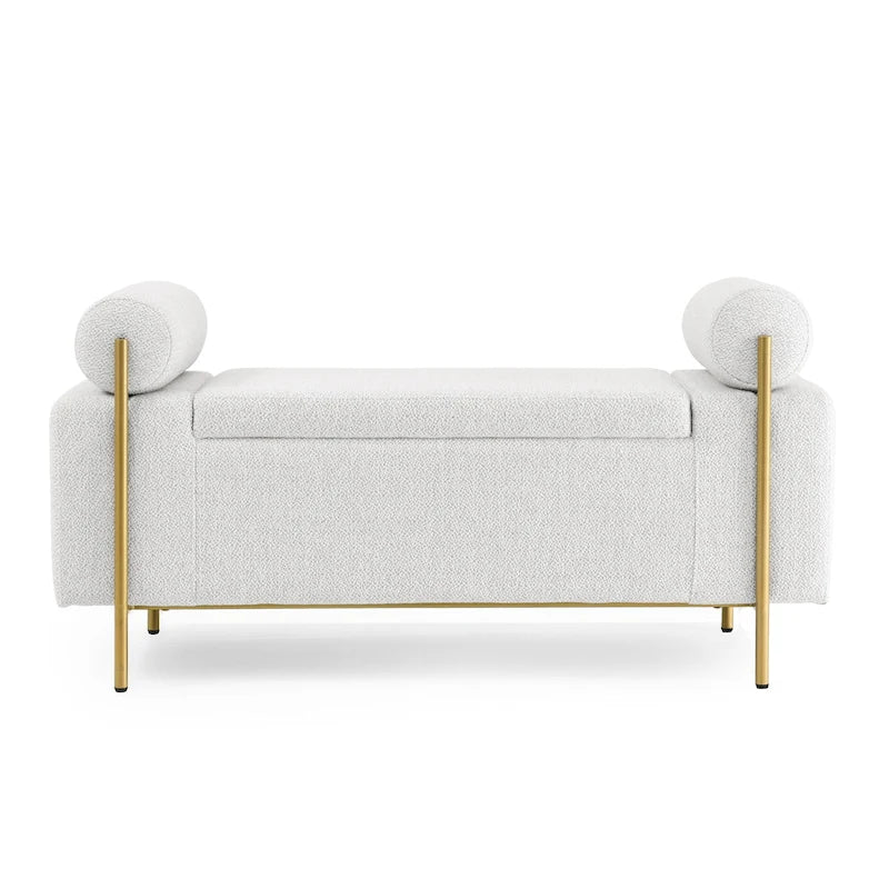 Banc de rangement en velours avec pieds en métal doré, Beige / Vert / Blanc, Siège individuel