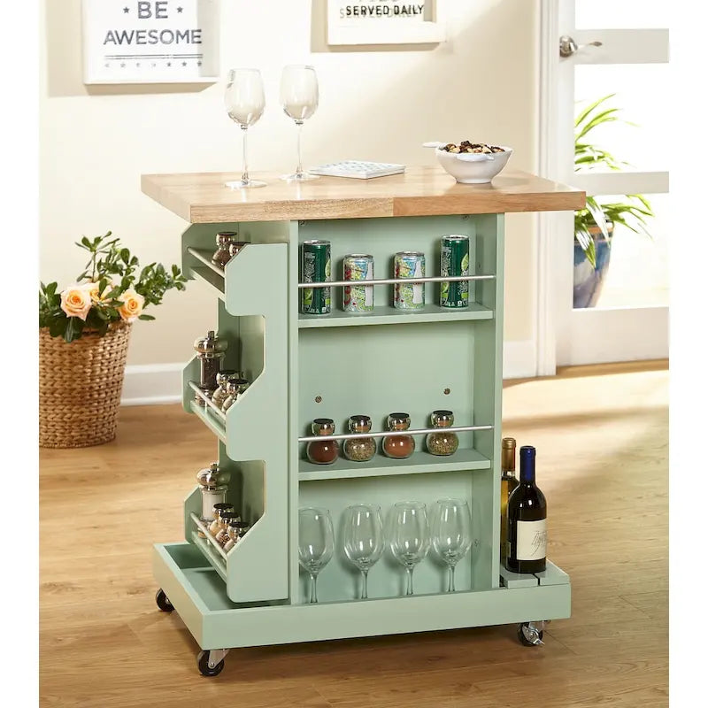 Desserte de cuisine roulante blanche et menthe avec casier à vin