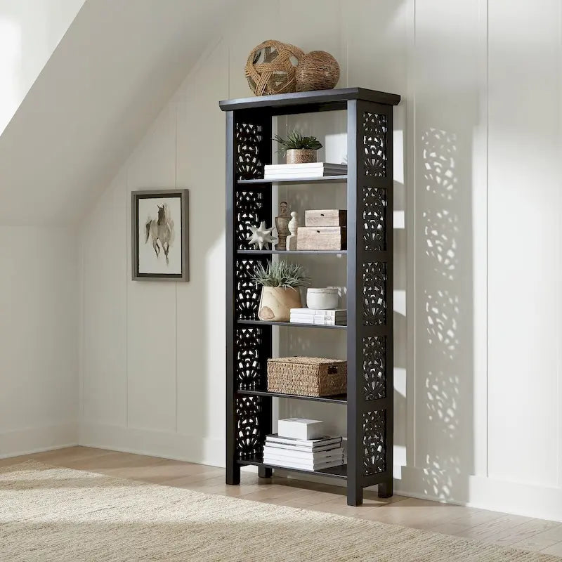 Bibliothèque d'appoint à 5 étagères en bois de manguier blanc/noir/gris, simple