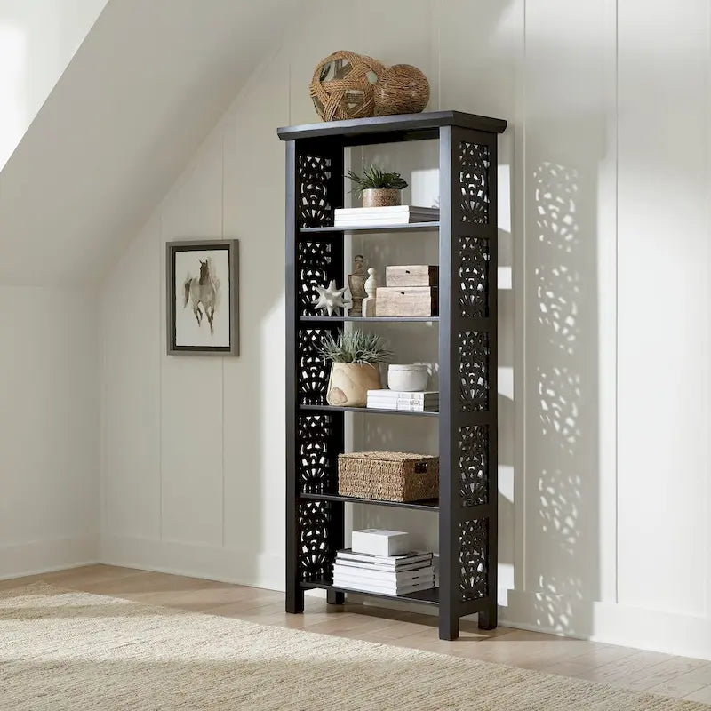 Bibliothèque d'appoint à 5 étagères en bois de manguier blanc/noir/gris, simple