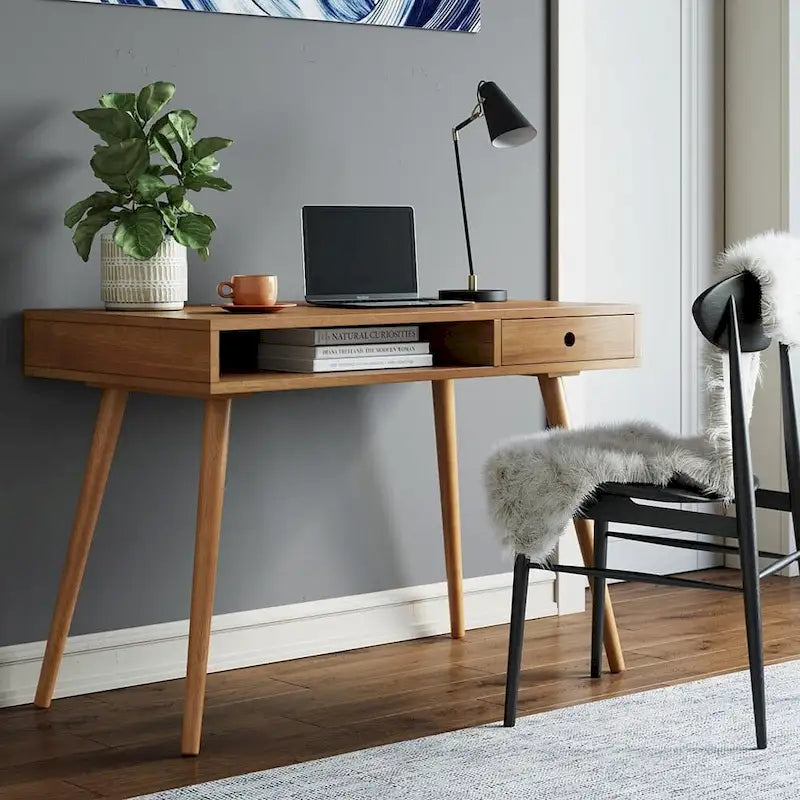 Bureau en noyer avec rangement ouvert et tiroir, 1 personne