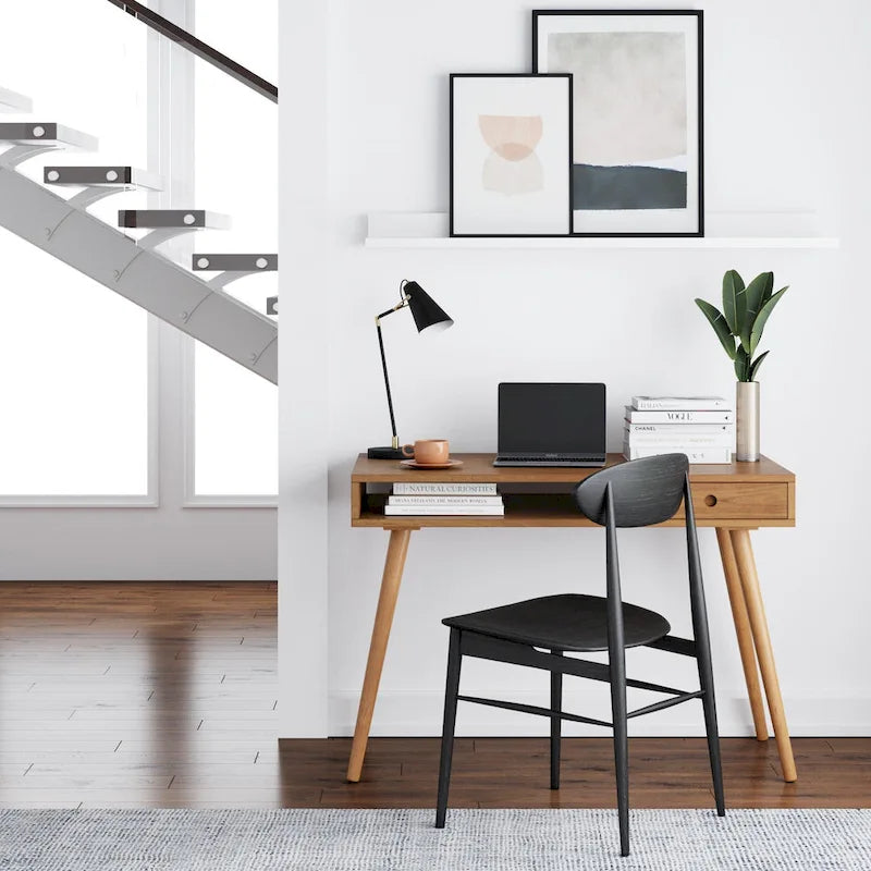 Bureau en noyer avec rangement ouvert et tiroir, 1 personne