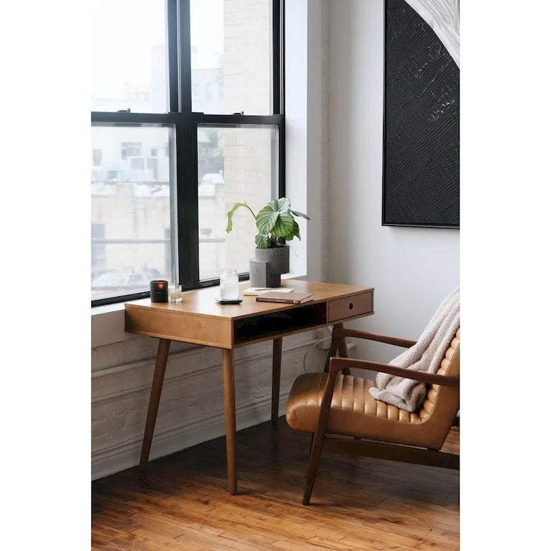 Bureau en noyer avec rangement ouvert et tiroir, 1 personne