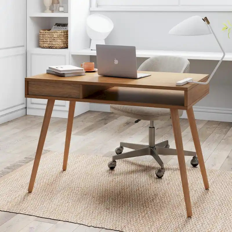 Bureau en noyer avec rangement ouvert et tiroir, 1 personne