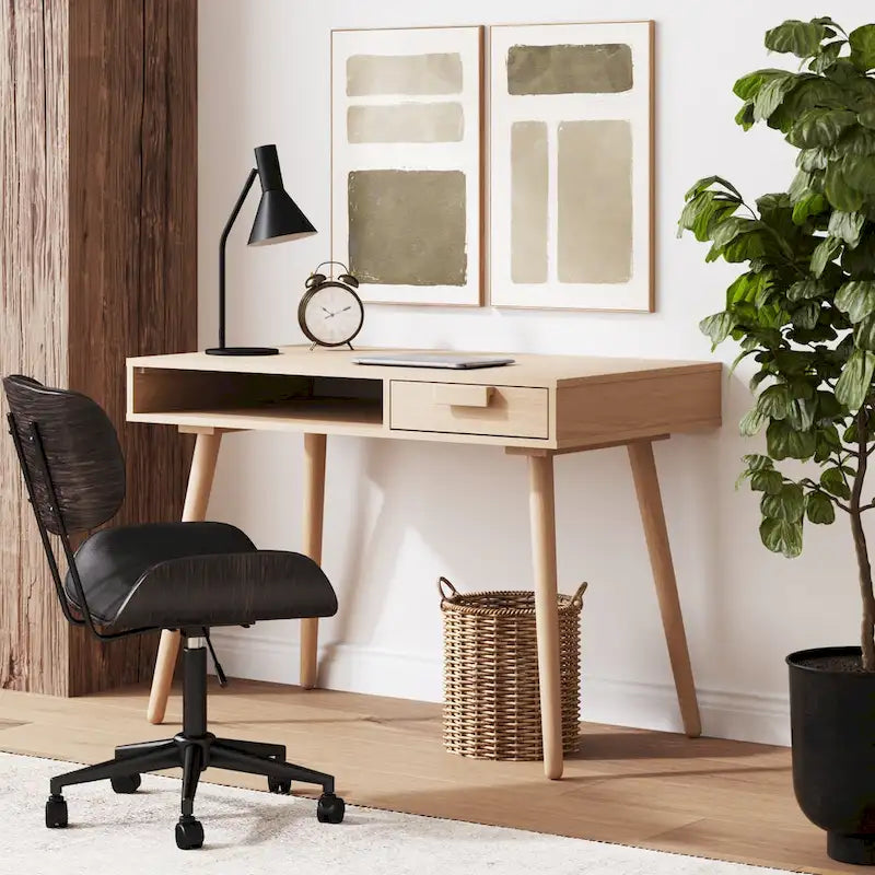 Bureau en noyer avec rangement ouvert et tiroir, 1 personne