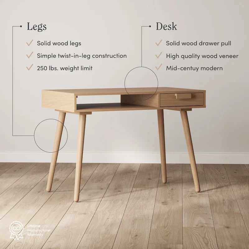 Bureau en noyer avec rangement ouvert et tiroir, 1 personne