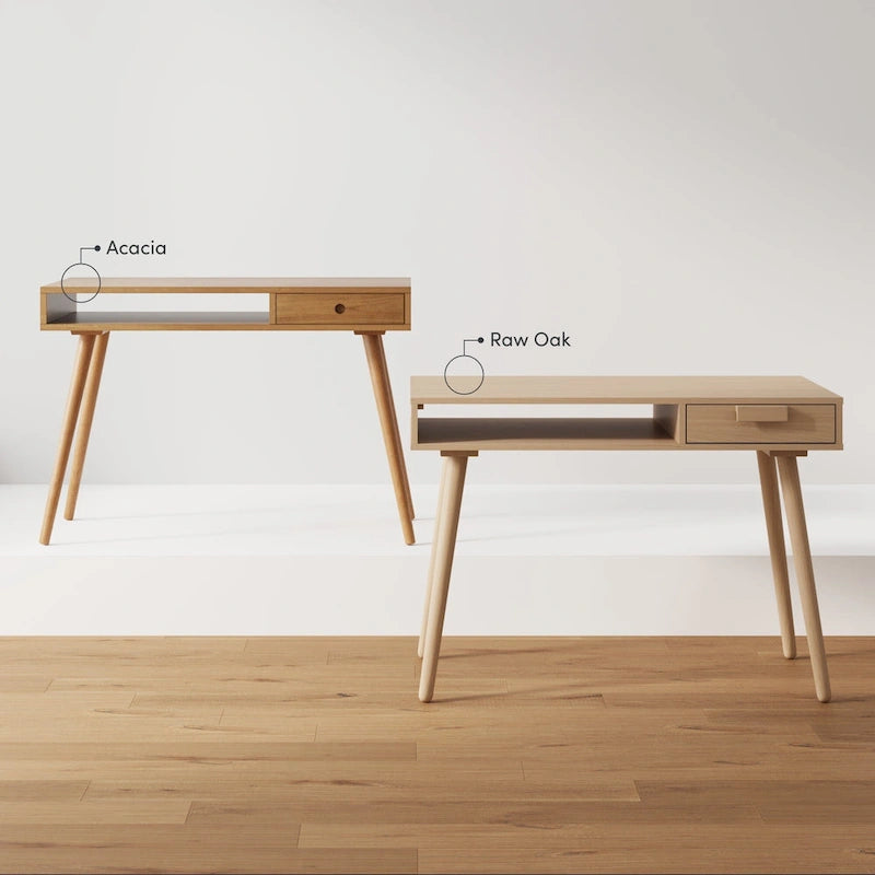 Bureau en noyer avec rangement ouvert et tiroir, 1 personne