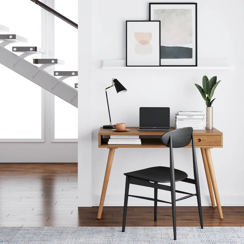 Bureau en noyer avec rangement ouvert et tiroir, 1 personne