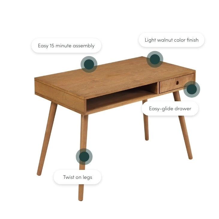 Bureau en noyer avec rangement ouvert et tiroir, 1 personne